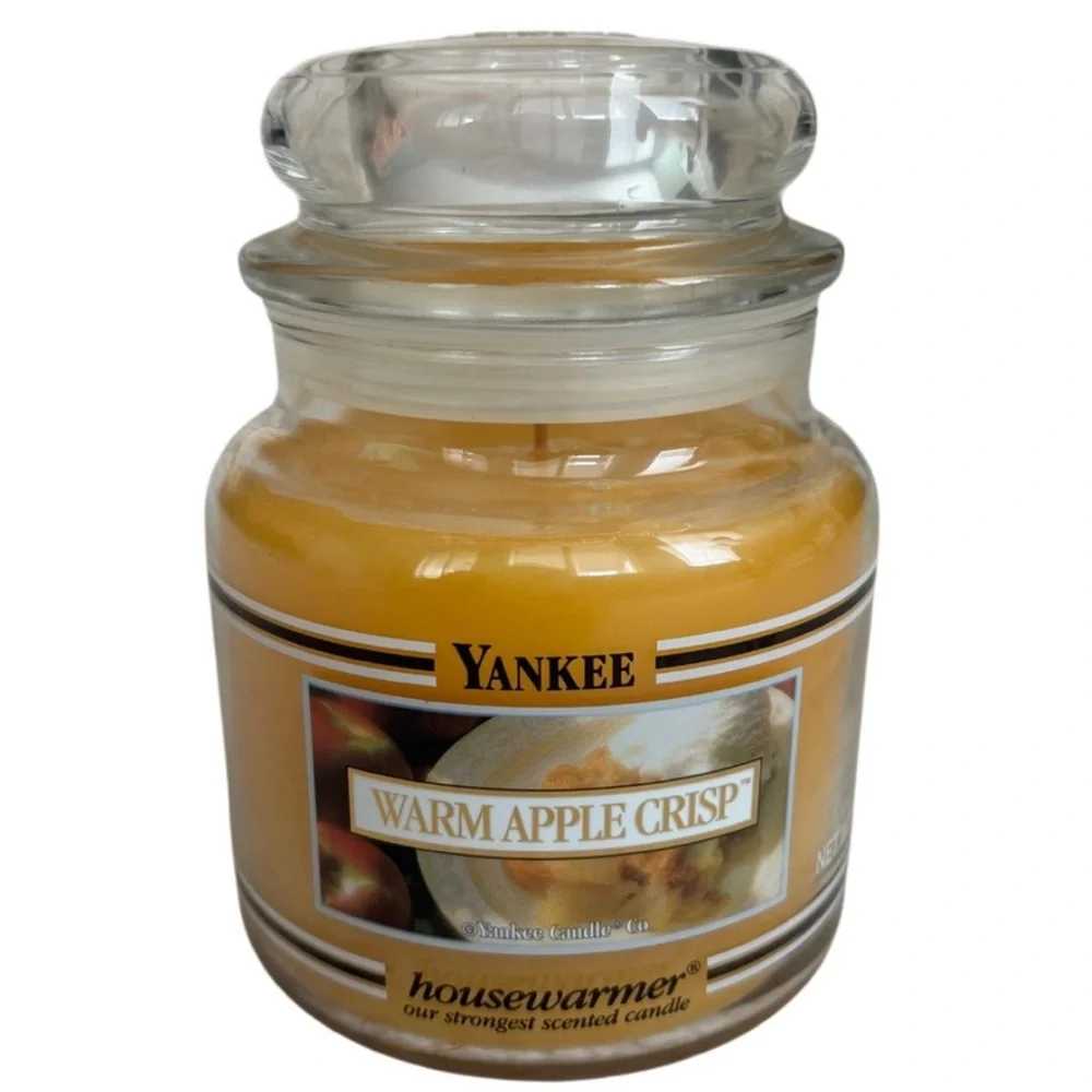 Yankee Candle Jar Warm Apple Crisp Vintage Black Band Gold Tan Yellow 14.5 Oz